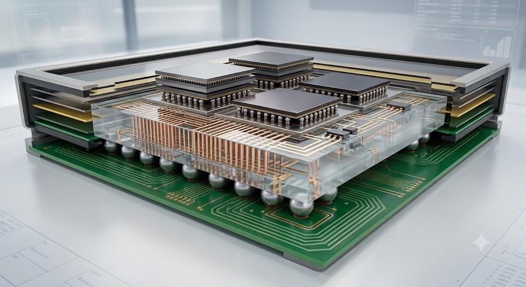 3D rendering of a multi-chip semiconductor package, with stacked processor dies mounted on a transparent interposer with copper interconnects above a green circuit board with solder balls. 3D rendering of a multi-chip semiconductor package, with stacked processor dies mounted on a transparent interposer with copper interconnects above a green circuit board with solder balls.